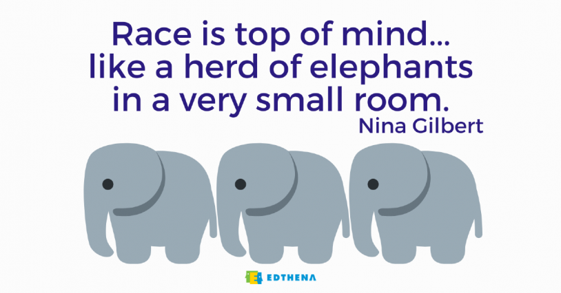 picture of elephants with text: "Race is top of mind, like a herd of elephants in a very small room."