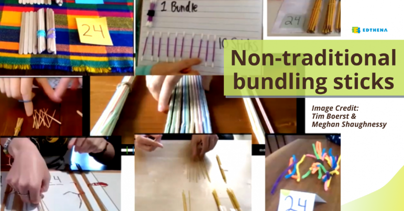 eight photographs of math manipulatives bundling sticks made of different materials, with text "nontraditional bundling sticks"