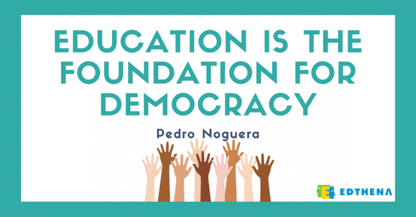 cartoon image of multi-colored hands raised with quote from Pedro Noguera about learning communities- "Education is the foundation for democracy"