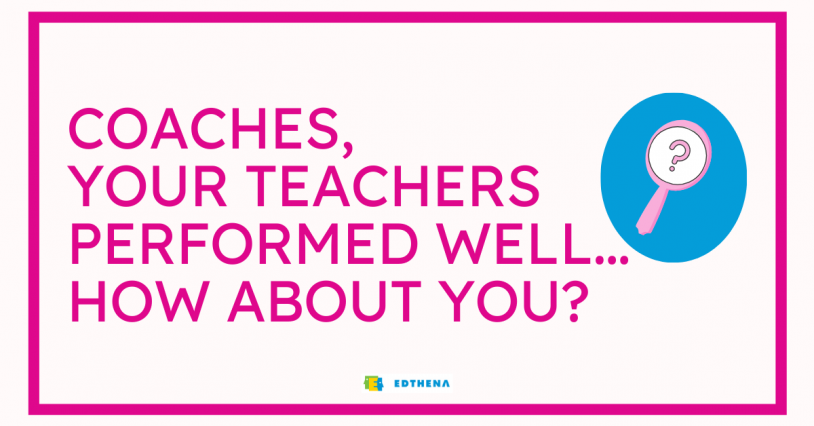 mirror with question mark and text for a teacher coach doing an end-of-year reflection: "coaches, your teachers performed well... how about you?"