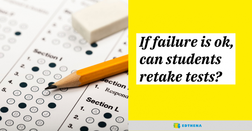 image of assessment bubble sheet and pencil, with text "if failure is okay, can students retake tests"- related to the student experience