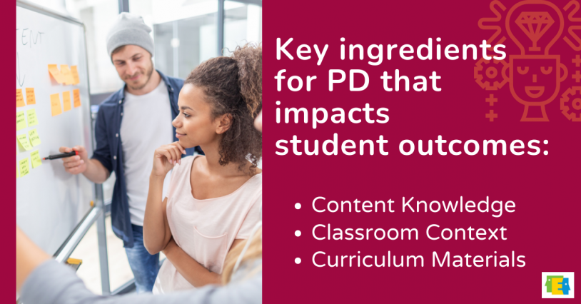 image of people at a whiteboard with text "Key ingredients for PD that impacts student outcomes" with bulleted text "content knowledge, classroom context, curriculum alignment"