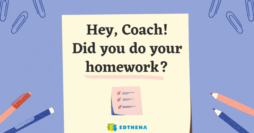 image of paper clips, pens, post-it with text about giving effective teacher feedback: Hey, Coach! Did you do your homework?