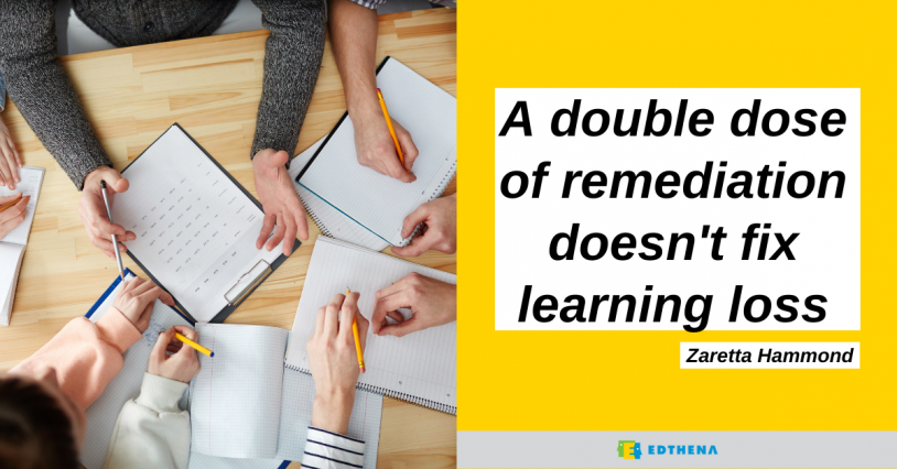 image of people with papers and text about student learning: A double dose of remediation doesn't fix learning loss.