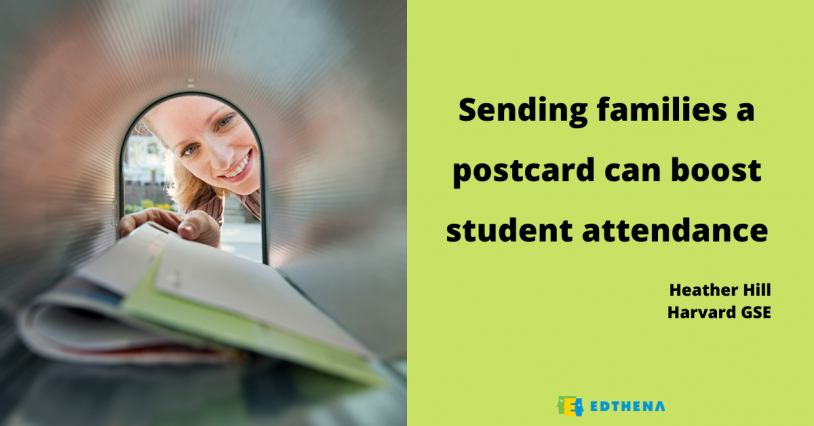 image of woman looking inside mailbox with quote from Heather Hill Harvard GSE, "Sending families a postcard can boost student attendance"
