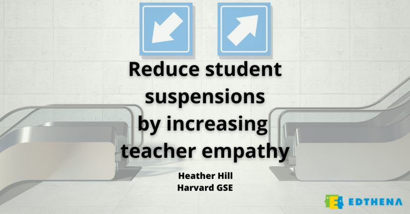 image with up arrow and down arrow about positive classroom environment- qith quote from Heather Hill "more teacher empathy leads to fewer student suspensions"