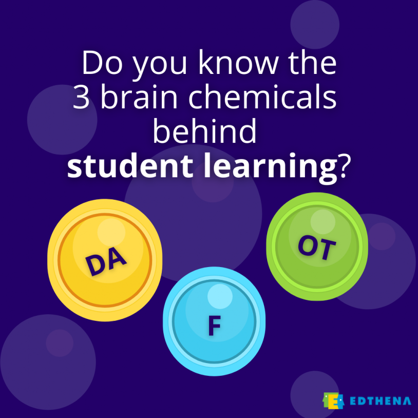 image of 3 bubbles with initials DA, OT, F, with text above "do you know the 3 brain chemicals behind student learning?" for image about culturally responsive teaching