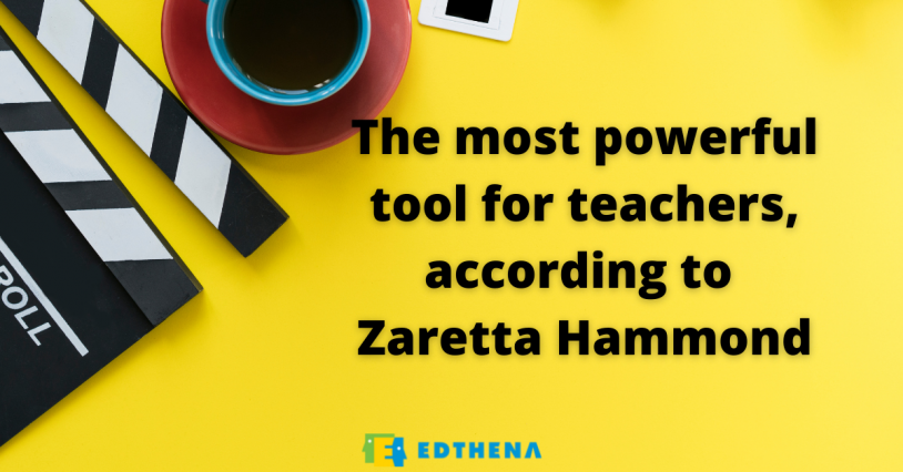 yellow background with aerial view of coffee mug and text "The most powerful tool for teachers, according to Zaretta Hammond" 