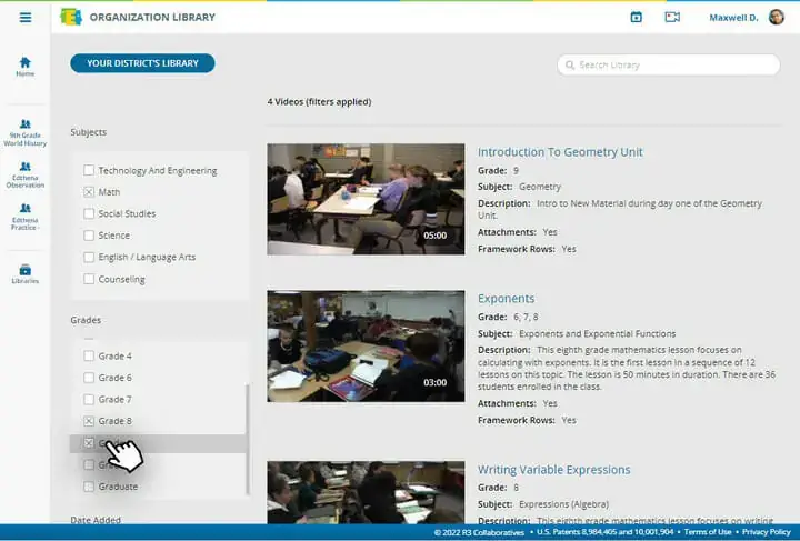 Screenshot of a district video library inside Edthena showing videos and filtering options