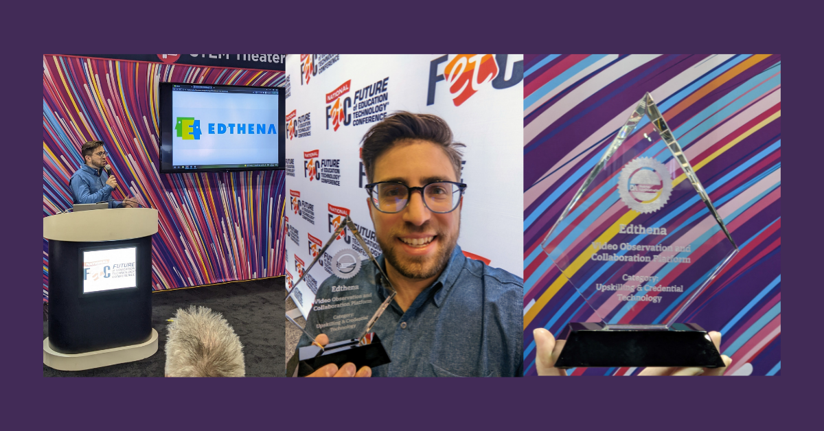three photos of Adam Geller receiving award for Edthena for Top Edtech Product