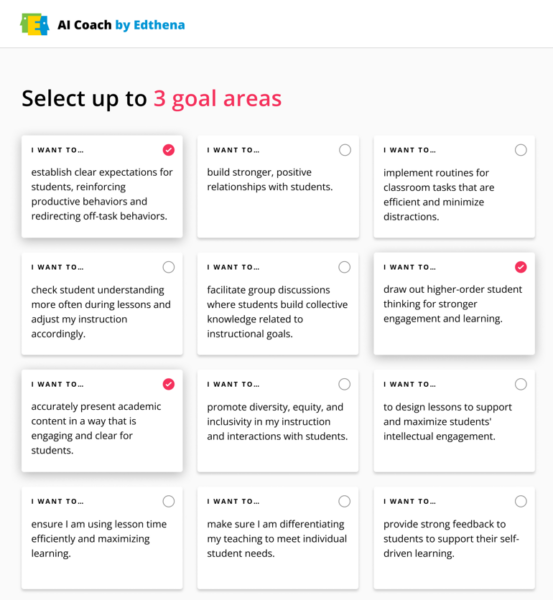screenshot of AI Coach by Edthena with 12 goal areas