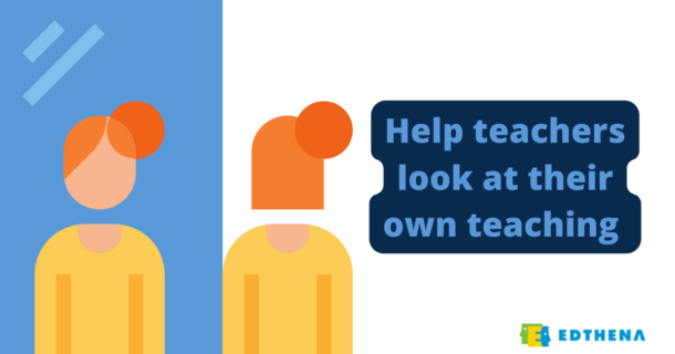 image of person looking at reflection in mirror with text "Help teachers look at their own teaching" for post about coaching cycles