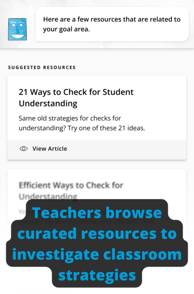 screenshot of AI Coach coaching cycle resources with text "Teachers browse curated resources to investigate classroom strategies."