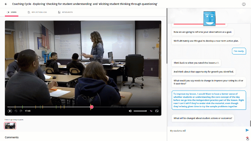 screenshot of AI Coach chat asking "What will be changed about student actions or outcomes" for post about teacher goal-setting