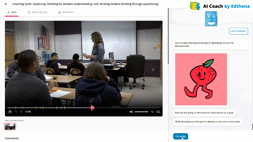 gif of AI Coach platform showing virtual coach asking open-ended questions to support hybrid approach to facilitative coaching and directive coaching