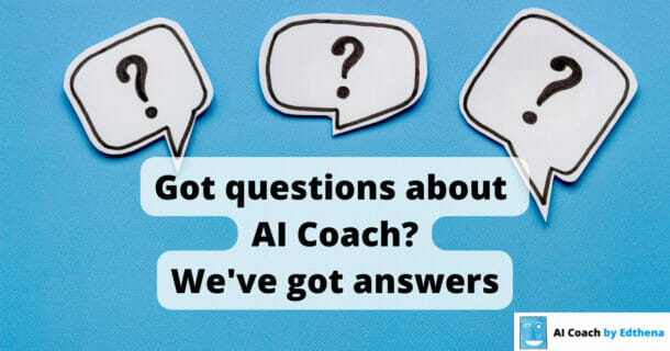 blue background with 3 question marks and text "Got questions about AI Coach? We've got answers" for post about AI Coach by Edthena