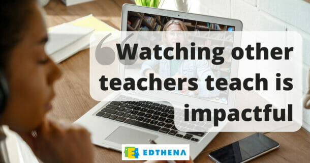 background image of person watching video of another person on a laptop, with quote about teaching video clubs