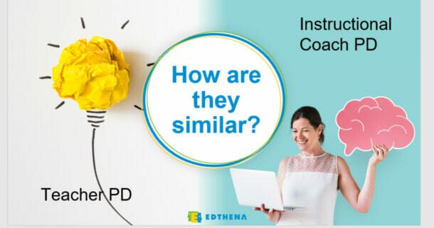 image of woman holding laptop with text "teacher PD, instructional coach PD, how are they similar"