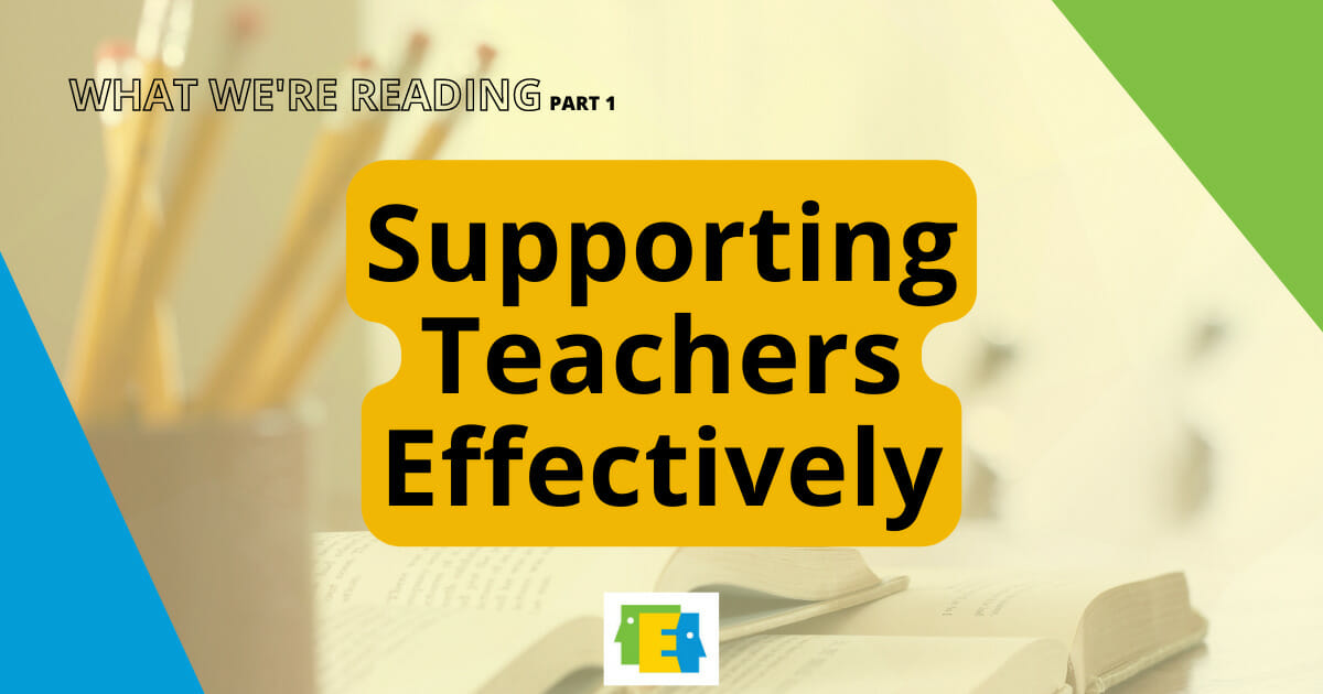 background photo of books and pencils with yellow filter with text about supporting teachers