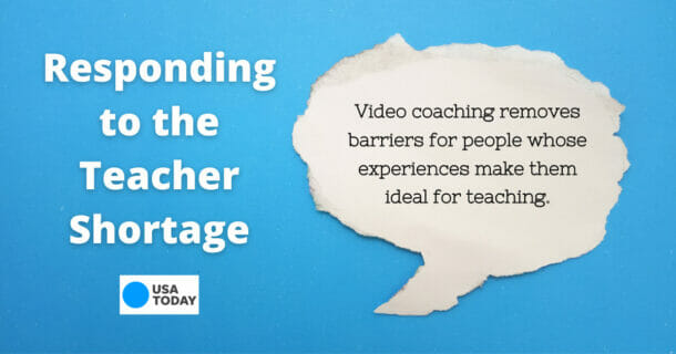 blue background with white speech bubble with quote about teacher shortages