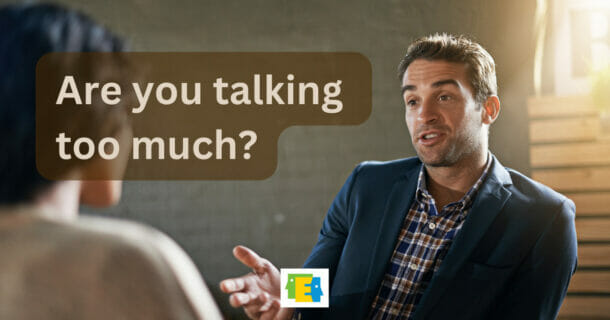 photo of 2 people talking with text about improving instructional coaching skills: "Are you talking too much?