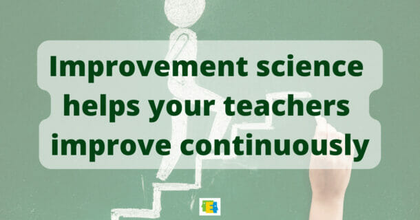 background image of chalk drawing of person walking up steps with text "Improvement science helps your teachers improve continuously" for post about improvement science and PDSA (Plan-Do-Study-Act) cycle