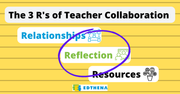 lined yellow paper background with text "The 3 R's of Teacher Collaboration, Relationships, Reflection, Resources" with an icon for each R and purple circle around "Reflection"