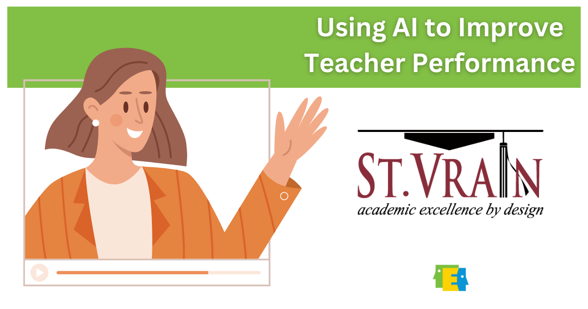 a woman on video waving her hand including text Using AI to Improve Teacher Performance