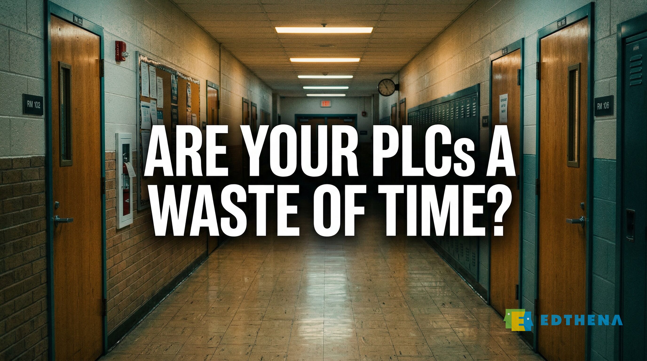 School hallway with provocative headline asking Are Your PLCs a Waste of Time, introducing a blog post about making professional learning communities more effective with AI coaching