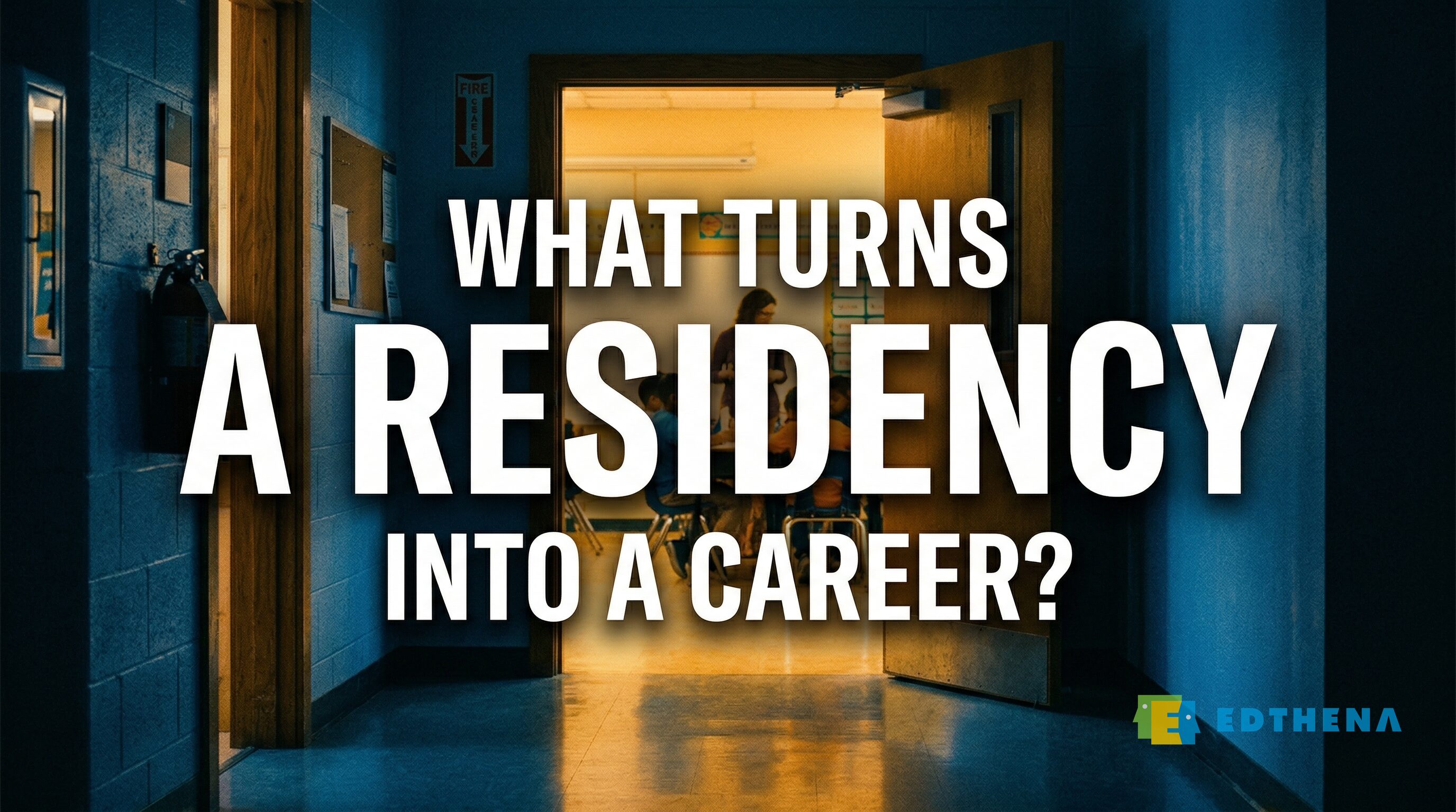 School hallway doorway with warm light and headline What Turns A Residency Into A Career