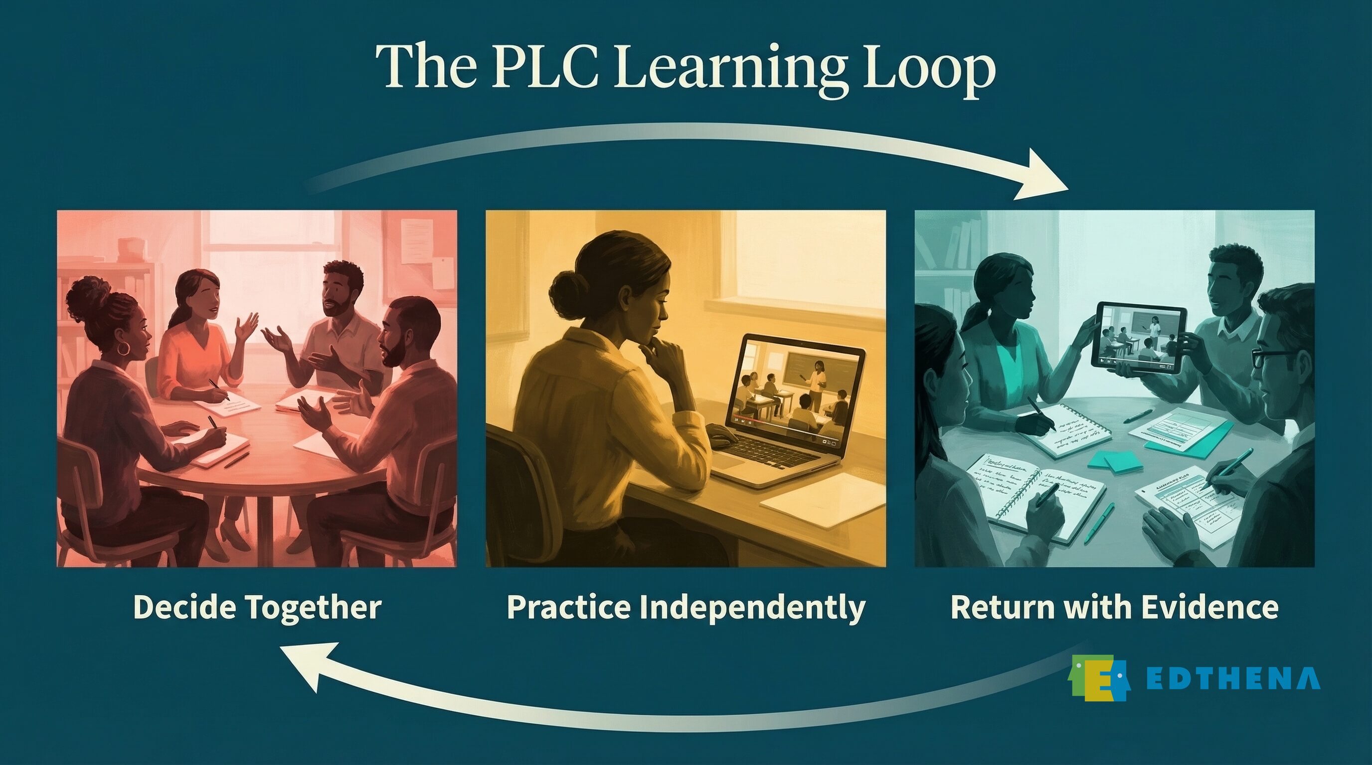 The PLC Learning Loop infographic showing three steps: Decide Together, Practice Independently with video coaching, and Return with Evidence from classroom practice