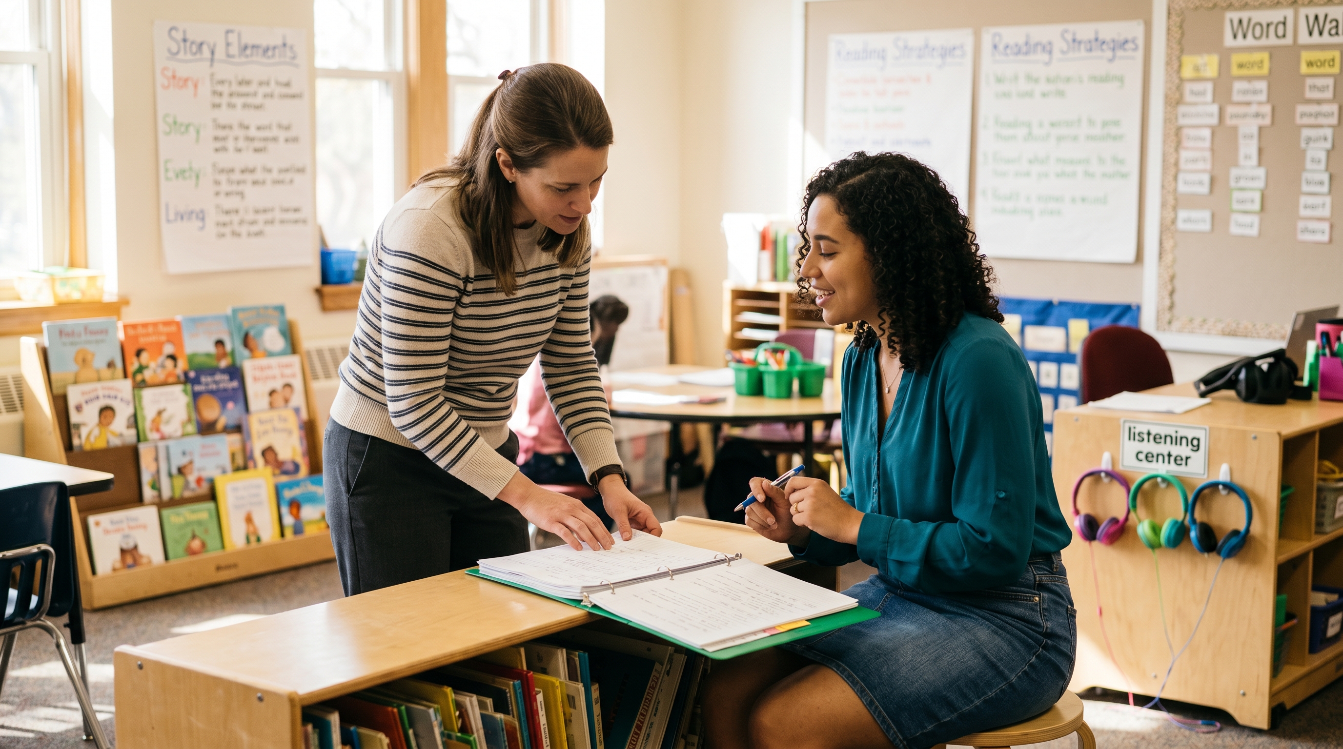 Instructional coach working with a teacher in a classroom during a walkthrough