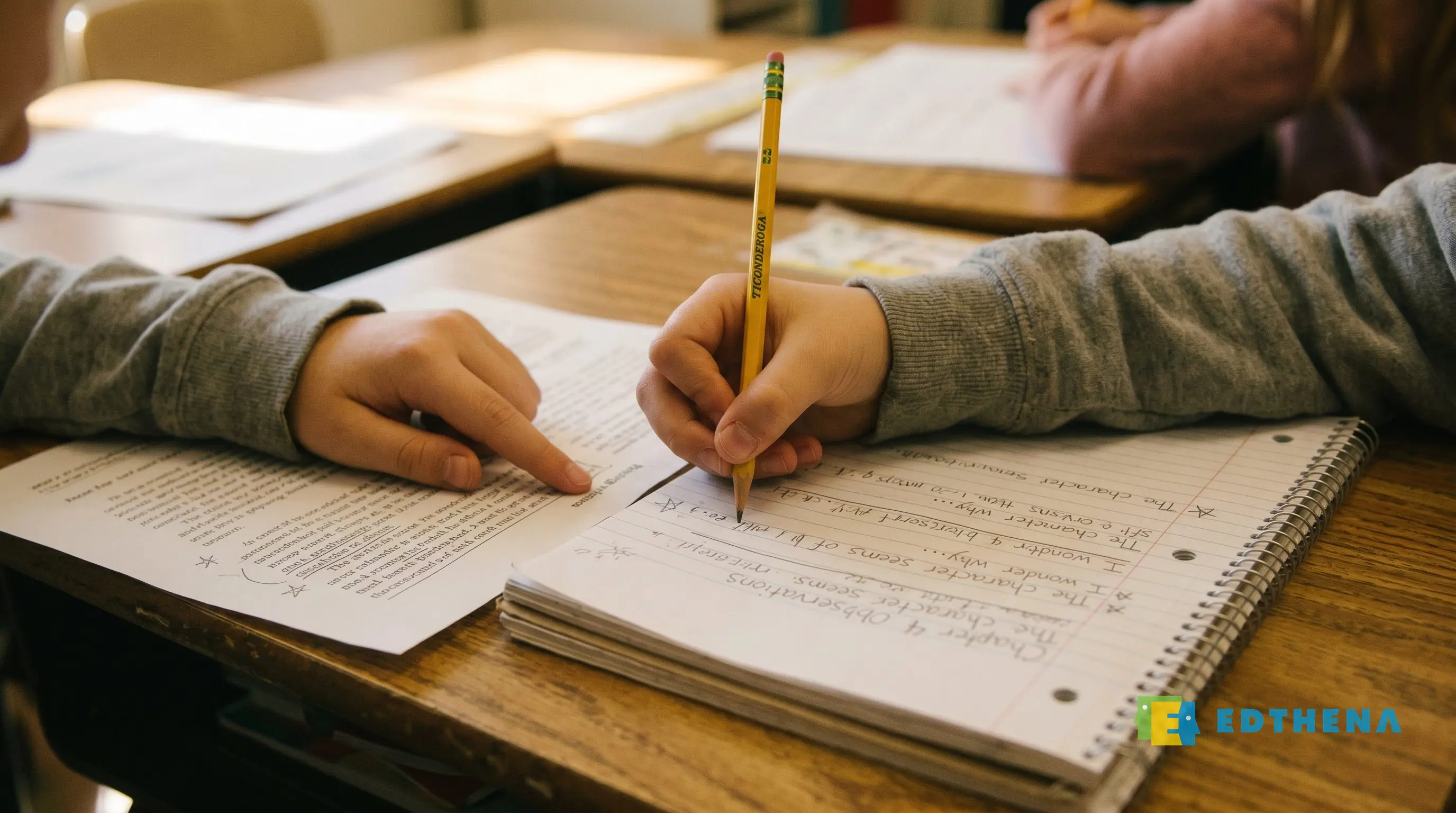 Close-up of a student's hands annotating a printed text alongside a notebook of evidence-paper notes