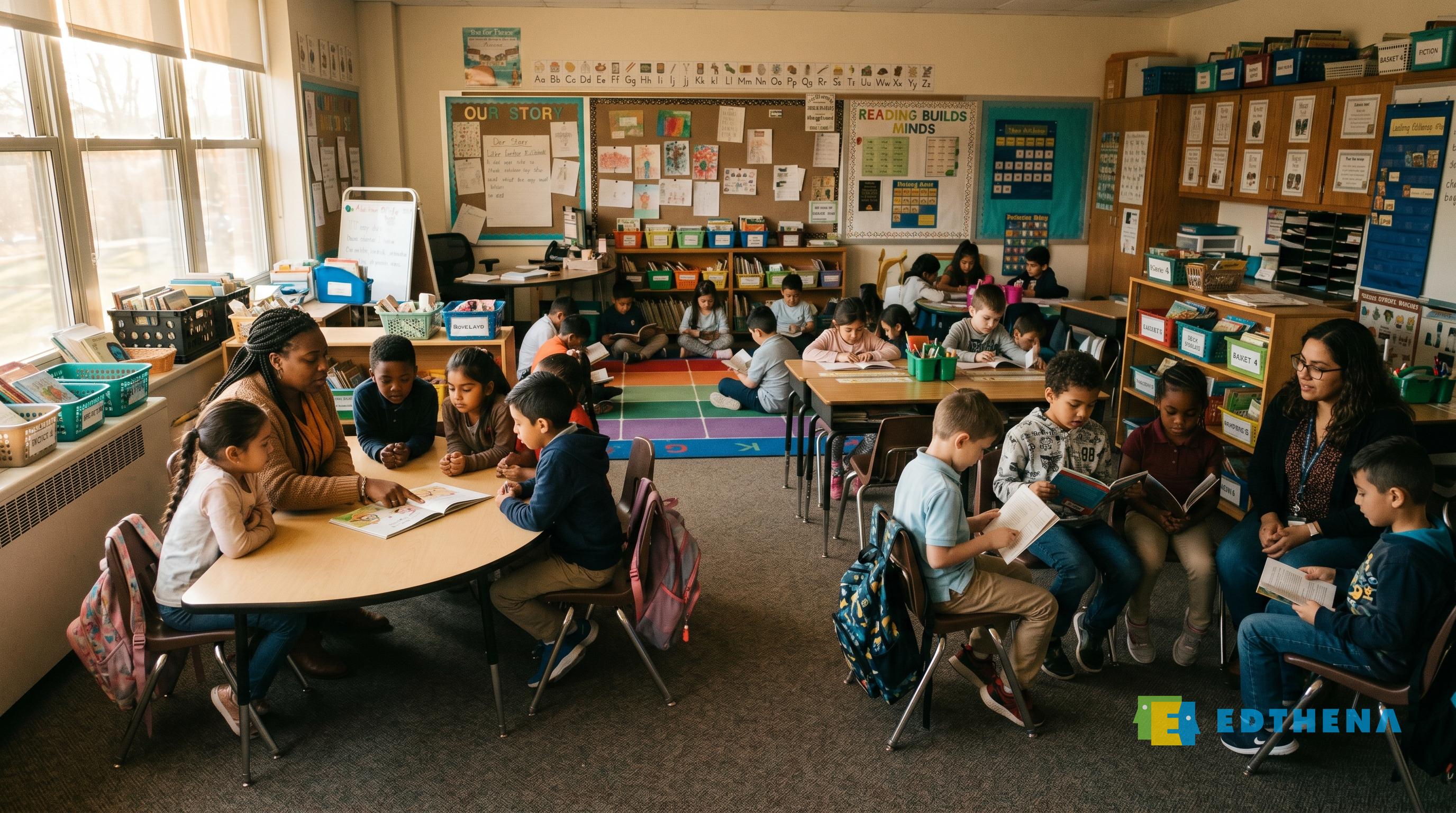 Elementary classroom reading rotation with small groups at multiple stations and two adult instructors