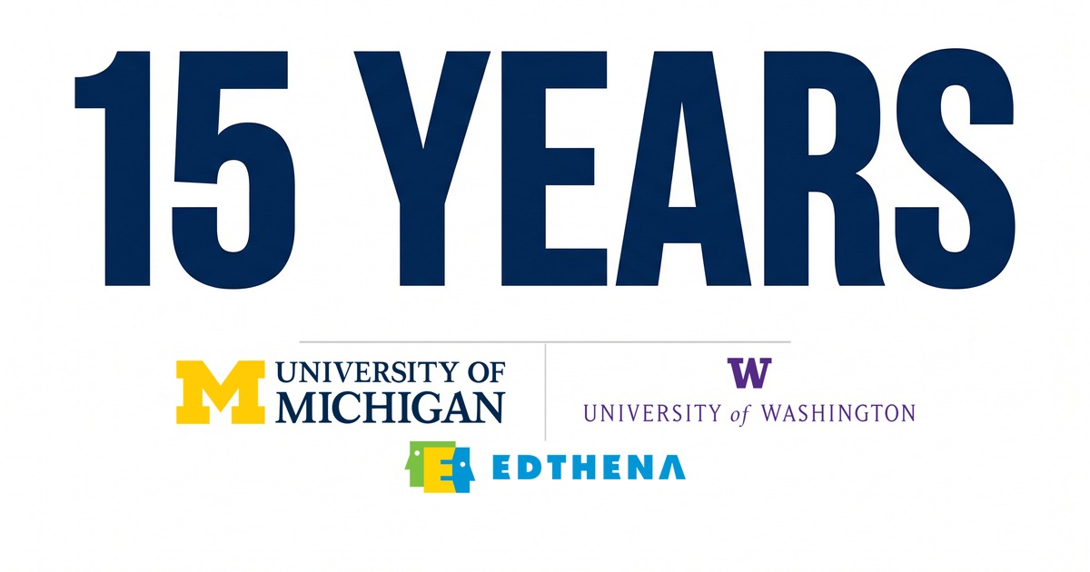 15 YEARS in large blue type with University of Michigan, University of Washington, and Edthena logos