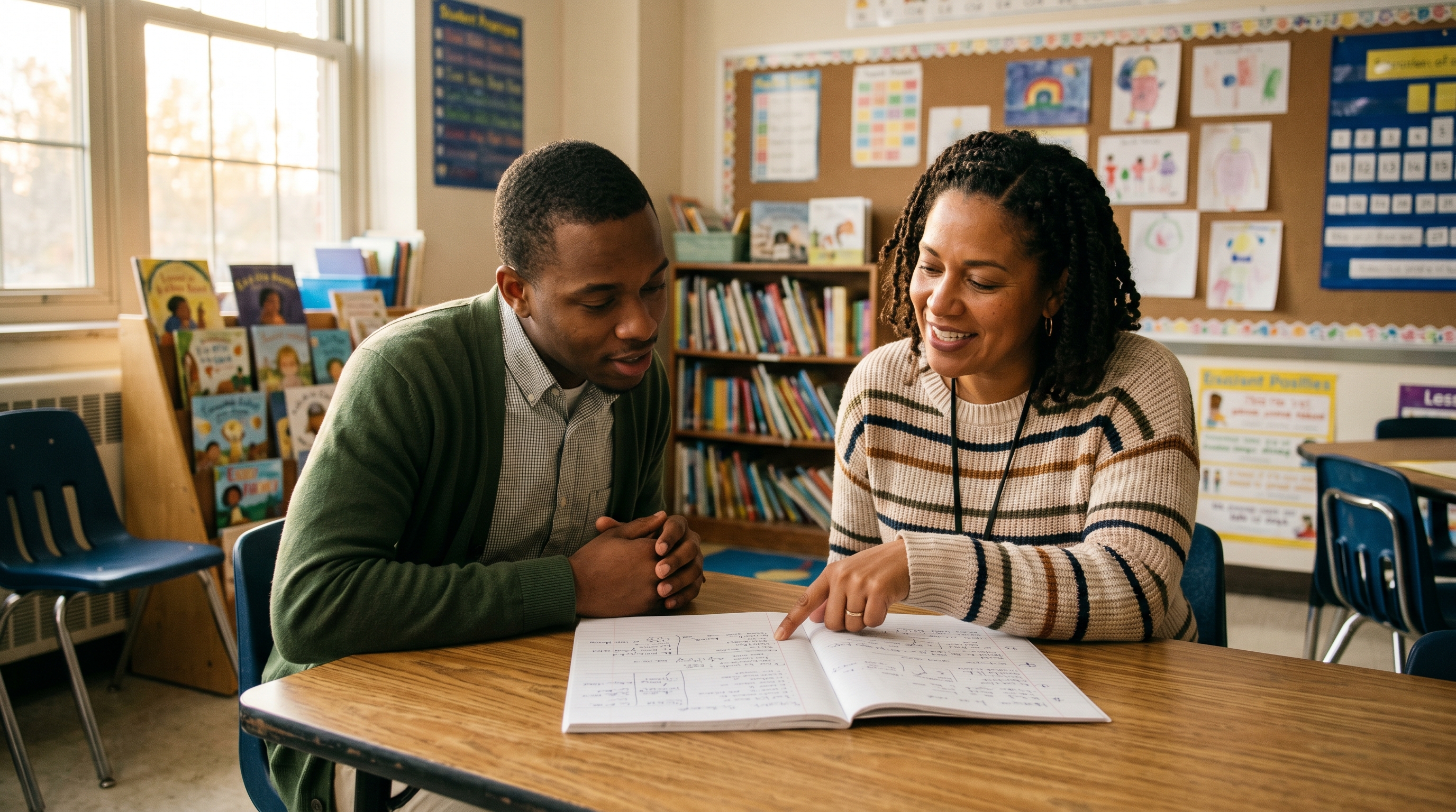 Mentor teacher and beginning teacher collaborating over student work in a school setting, representing new teacher mentoring and induction support