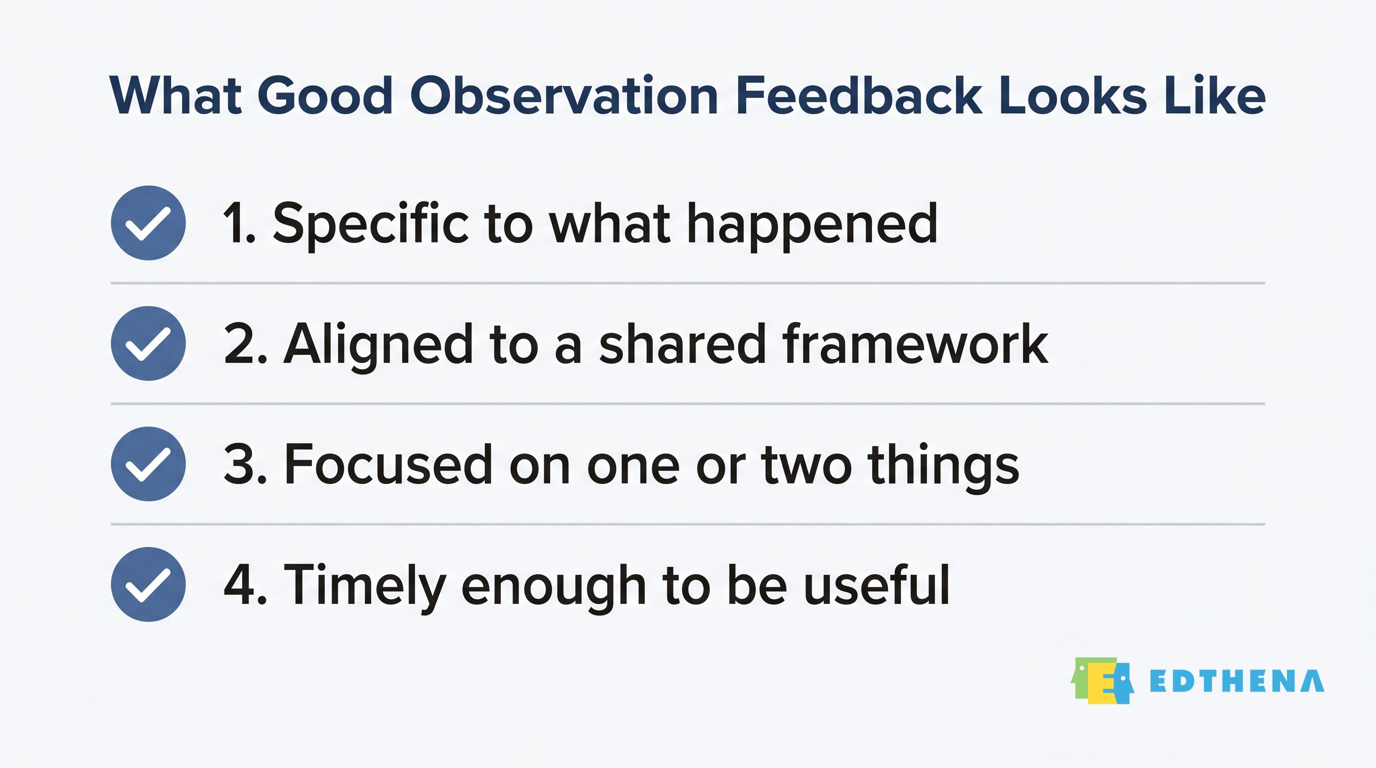 What Good Observation Feedback Looks Like: specific, framework-aligned, focused, and timely