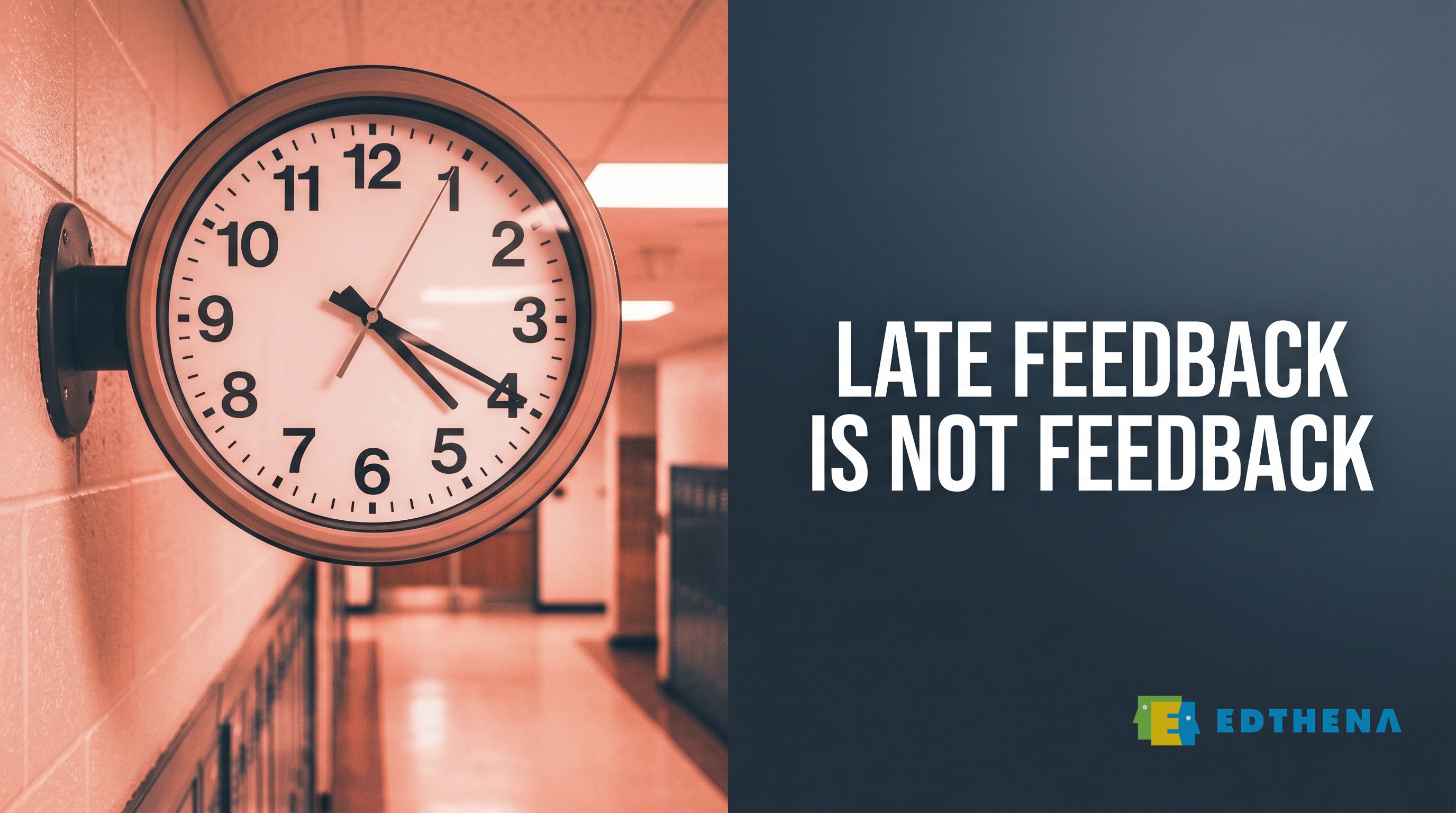 Bold text reading Late Feedback Is Not Feedback with clock imagery illustrating the teacher observation feedback timeliness problem