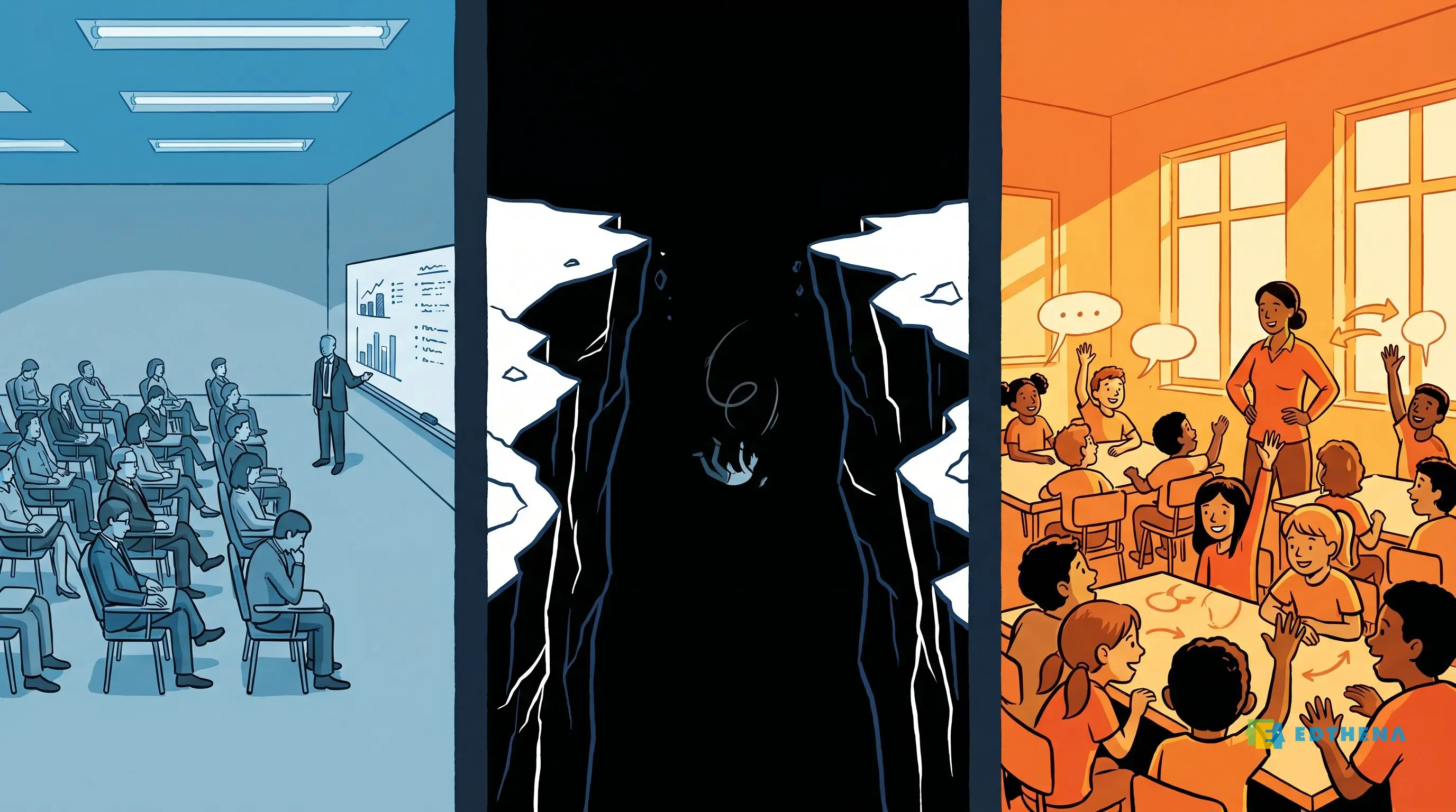 Editorial illustration of the knowing-doing gap in teacher professional development: a passive workshop session on one side, an engaged classroom on the other, separated by a gap
