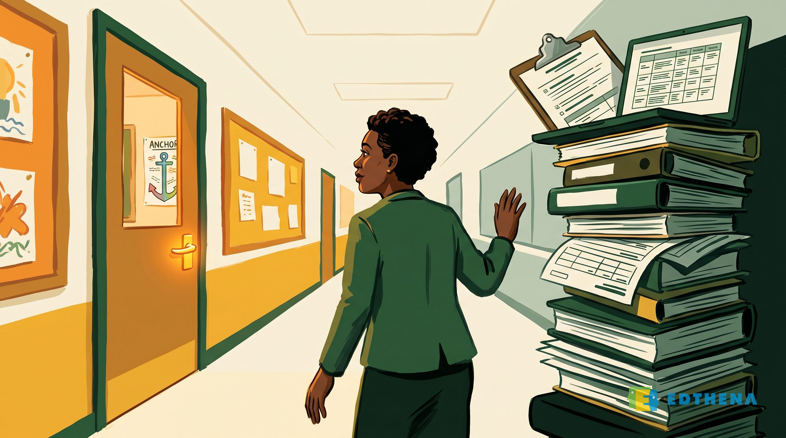 Principal choosing between classroom visits and feedback paperwork, illustrating the walkthrough documentation burden