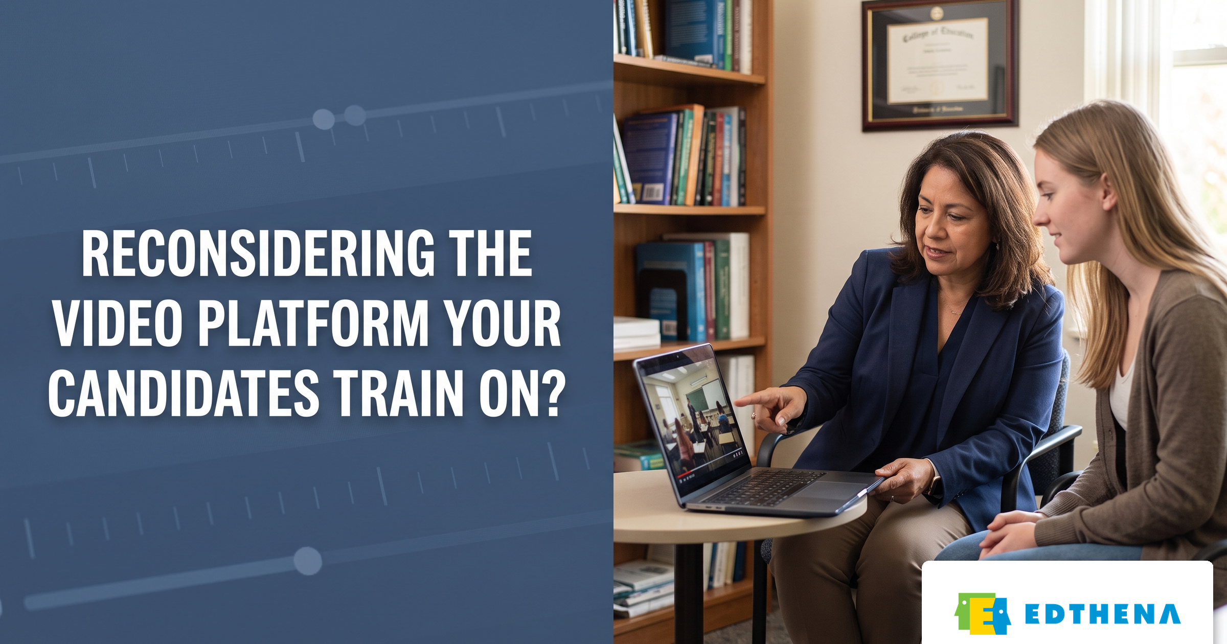 GoReact Alternative for Teacher Prep Programs A teacher-education faculty member and a teacher candidate reviewing a classroom video together on a laptop in a college-of-education office