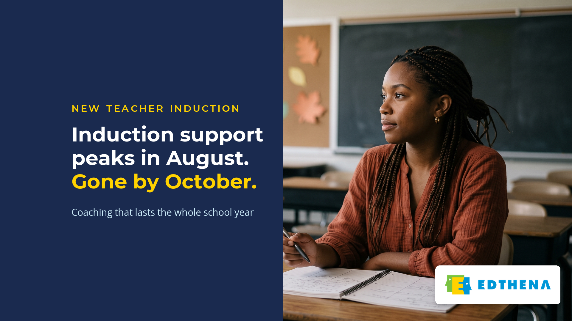 New Teacher Induction Cliff – Induction Support Peaks in August, Gone by October – AI Coach Graphic reading ‘Induction support peaks in August. Gone by October.’ beside a first-year teacher reflecting alone in her classroom.